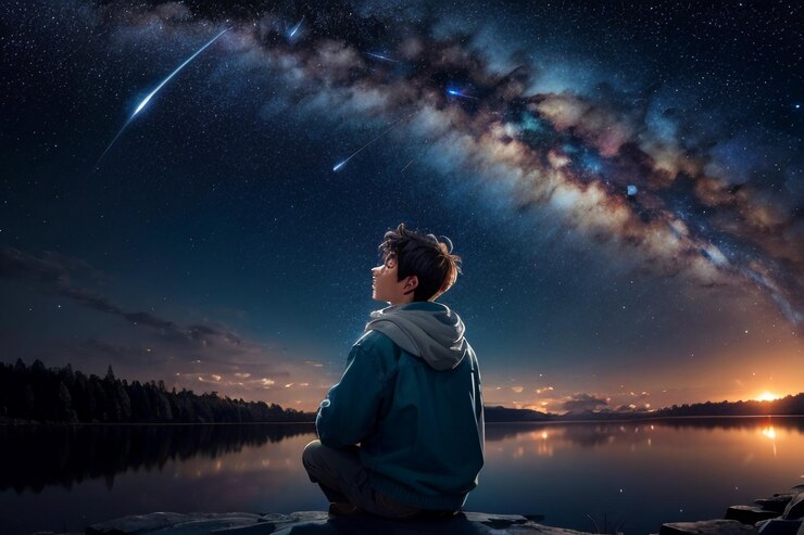 Imagen de una niña mirando al cielo nocturno